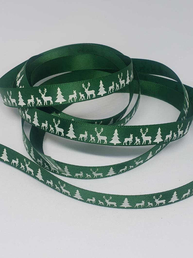 10mm Green Reindeer & Christmas Trees Ribbon